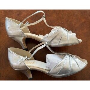 COAST Silver Dance Shoes Italian Leather Peep-Toe 2" Heels US size 8